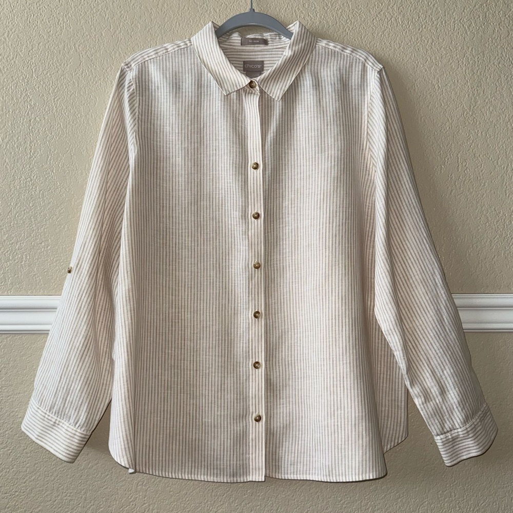 Chico’s 100% Linen No Iron Striped Button Down Long Sleeve Collared Shirt XL